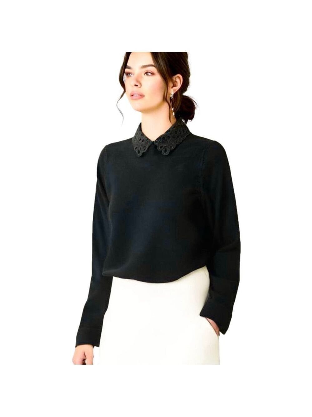 Club Monaco 100% Merino Wool Sweater Eyelet Lace Collar Keyhole Back Black XS